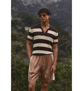 Erkek Oversize Kalın Örgü Polo Yaka Triko Fileli Tişört Çizgili Vintage Yazlık Rahat Fit