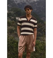 Erkek Oversize Kalın Örgü Polo Yaka Triko Fileli Tişört Çizgili Vintage Yazlık Rahat Fit