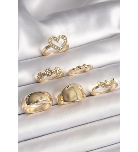 Pirinç Gold Renk Zirkon Taşlı Kalp Figür Kuş Detay 6'Lı Kadın Yüzük Seti (Çok Renkli)