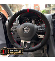 Vw Polo 6R Dikme Direksiyon Kılıfı Alcantara Süet Mat Karbon Kırmızı Yüzük ve Dikiş 2009-2014