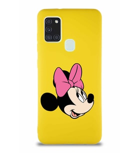 Samsung Galaxy A21S Soft Premier Kapak Minnie Mouse-A Tasarımlı Silikon Kılıf - Sarı (Şeffaf)