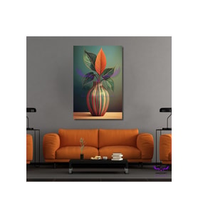 Tekli Dikey Kanvas Modern Salon Tablosu Vazoda Minimal Yapraklar