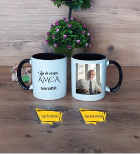 Amcaya Hediye Kupa Bardak Siyah Fotoğraflı Amcaya Doğum Günü Hediyesi