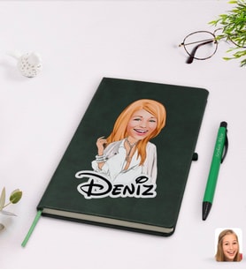 BK Gift Kişiye Özel Kadın Model Karikatürlü Yeşil Termo Deri Defter Kalem Seti Model 2