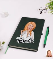 BK Gift Kişiye Özel Kadın Model Karikatürlü Yeşil Termo Deri Defter Kalem Seti Model 2