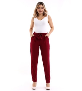 8083177 Belmando Viskon Beli Kuşaklı Cepli Lastikli Pantolon BORDO