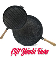 Çift Taraflı TAM DÖKÜM 34 CM  KALİTELİ Bazlama Gözleme Katmer ızgara mangal Tavası (Siyah)