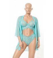 Kadın Turkuaz 3'lü Lingerie Set - Dantelli Bralet, Yüksek Bel Dantel Külot ve Tül Sabahlık - 3514