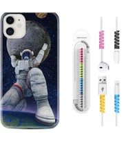 Apple iPhone 11 12 13 Mini Kılıf Kablo Koruma Spiral Silikon Astronot ve Dünya 1759