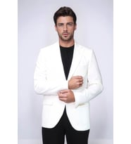 Ekru Kedinden Desenli Örme Altın Renk Metal Düğmeli Slim Fit Erkek Blazer Ceket - Wessi (Mavi)