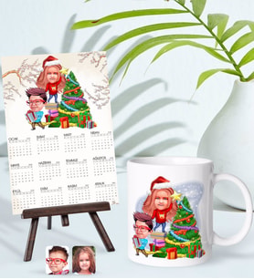 BK Gift Kişiye Özel Kardeşler Yılbaşı Karikatürlü Kupa Bardak ve 13x18cm Fotoğraf Kartlı Şövaleli 2024 Takvim Hediye Seti-1