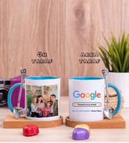Avukata Hediye Google Tasarım Fotoğraflı Ahşap Altlıklı Mavi Kupa