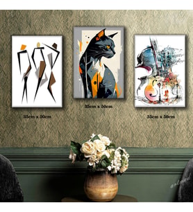 dans eden çizgiler renkli gitar kedi tablosu 3 adet 35cmx50cm kumaş baskılı canvas tablo