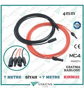 Güneş Paneli Uzatma Kablosu (7m+7m) 14 Metre 4mm Çift Taraflı Hazır Soketli Solar Ara Kablo Siyah Kırmızı (Siyah-Kırmızı)
