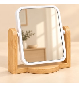 Bambu Ahşap Ayaklı Kare Masa Aynası, 16 x 14 Cm Kompakt Makyaj ve Bakım Aynası, Ayarlanabilir Açılı Beyaz Çerçeveli Dekoratif Tezgâh Aynası
