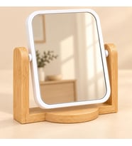 Bambu Ahşap Ayaklı Kare Masa Aynası, 16 x 14 Cm Kompakt Makyaj ve Bakım Aynası, Ayarlanabilir Açılı Beyaz Çerçeveli Dekoratif Tezgâh Aynası