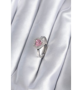 Pirinç Gümüş Renk Pembe Zirkon Taşlı Charm Model Kadın Yüzük 5886