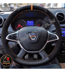 Dacia Logan Dikme Direksiyon Kılıfı Alcantara Süet Mat Karbon Taba Yüzük ve Dikiş 2017-2020