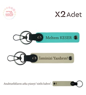 Patrona Şık Hediye, İsim & Soyisim Yazılı 2’li Anahtarlık Seti, Sütlü Kahve-Turkuaz-Sütlü Kahve
