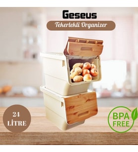 Motek Patateslik Soğanlık Sepeti Oyuncak Kutusu Tekerlekli Organızer Çok Amaçlı Kutu 2X12Lt-Bambu+Krem