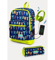 Coral High Kids Lacivert Neon Sarı Monster Desenli USB'li 2'li Okul Çanta Seti - Erkek Çocuk
