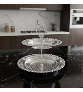 Manolya iki Katlı Yuvarlak Gümüş Renk Servis Tepsisi