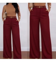 Kadın Yüksek Bel Geniş Paça Detaylı Cepli Ithal Krep Pantolon (Kırmızı)