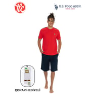 U.S. Polo Assn. Erkek Kırmızı Bisiklet Yaka Kısa Kollu Şortlu %100 Pamuklu Pijama Takım (Çorap Hediyeli)