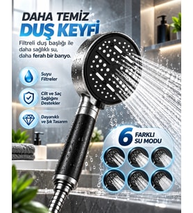 Büyük Panelli 6 Farklı Su Modlu Filtreli Duş Başlığı Siyah Metalik Tasarım