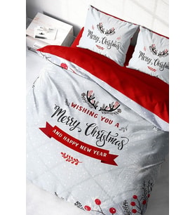 Yılbaşı Çift Kişilik Nevresim ( Lastikli Çarşaflı ) %100 Pamuk Saten Wıshing Noel
