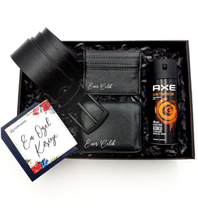 Kişiye Özel Siyah Cüzdan & Kartlık & Kemer & AXE Deodorant Hediye Seti