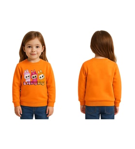 Unisex Labubu Baskılı Çocuk Swaetshirt 3 İplik Şardonlu (Turuncu)