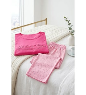 Kadın Desenli Bambu Viskon Uzun Kollu Soft Örme Mevsimlik Pijama Takımı Pembe Puantiye