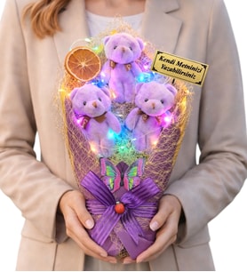 Kişiye Özel Tasarım Renkli Led Işıklı Mor Peluş Ayıcık Buketi