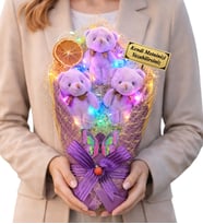 Kişiye Özel Tasarım Renkli Led Işıklı Mor Peluş Ayıcık Buketi