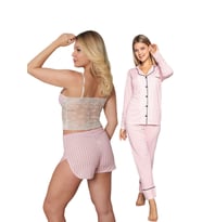 Kadın Pembe Çizgili Pamuklu Likralı Düğmeli Şortlu, Atletli, 4'lü Pijama Seti