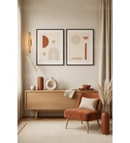 Modern Minimalist Toprak Tonları Soyut Geometrik 2’li Ahşap Çerçeveli Tablo Seti