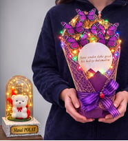 Renkli Led Işıklı Aynalı Mor Kelebek Buketi (Kişiye Özel Led Işıklı Fanus Hediyeli) (Model 3)
