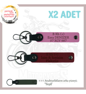 Sevdiğine İsim Plaka ve B Rh (+) Kan Grubu Yazılı Anlamlı Hediye Deri x2 Anahtarlık, Pembe-Bordo-Ysl