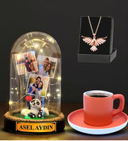 Sizlere Özel Led Işıklı Fanus, Türk Kahvesi Fincanı ve Anka Kuşu Kolye (Model 4)