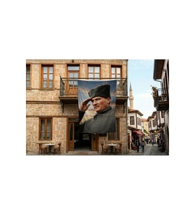 Selam Veren Ulu Önder Gazi Mustafa Kemal Atatürk Poster Bayrak Premium Raşel Kumaş 300x450cm ATA63