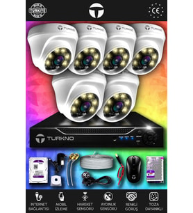 TURKNO 6 Kameralı Domie 6 İç Kamera Set 2 TB HDD Full HD Renkli Gece Görüşlü Güvenlik Kamerası Sistemi