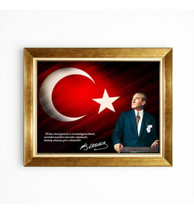 Tablore Atatürk İmzalı Ve Sözlü Türk Bayrağı Fonlu Çerçeveli Kanvas Tablo