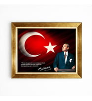 Tablore Atatürk İmzalı Ve Sözlü Türk Bayrağı Fonlu Çerçeveli Kanvas Tablo