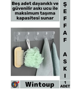 #Askı Şeffaf Duvar Düzenleyici Amaçlı Pratik Mutfak Banyo Delmeden Montaj Yapışkanlı 5 Kancalı Askı
