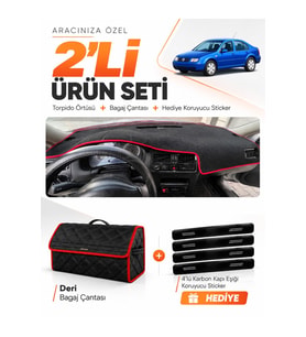 e-biz VOLKSWAGEN JETTA (1997-2003) Uyumlu Torpido Örtüsü + Deri Çanta - Siyah-Kırmızı - VW009