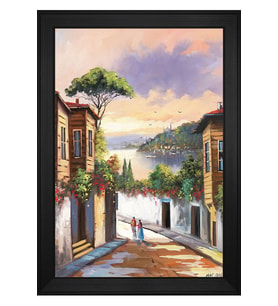 Eski İstanbul Sokakları Motifli Kanvas Tablo 80 x 110 cm Siyah Çerçeve