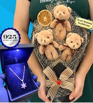 Kişiye Özel Büyük Boy Peluş Ayıcık Buketi ve Işıklı Kutusunda 925 Ayar Gümüş Lotus Kolye (Model 5)