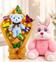 LED Işıklı Mavi Peluş Ayıcıklı Kelebek Buketi ve Pembe Peluş Tavşan Hediye Seti Sevgiliye Doğum Günü Hediyesi