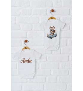 Pia Baby Premium %100 Pamuk İsme Özel Organik Baskılı İkili Set Çıtçıtlı Bebek Body Zıbın Modelleri 5001-17 (Ekru)
